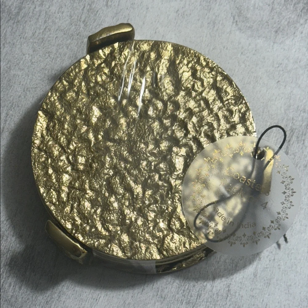 Gold Textured Hammered Metal Round Coaster Set of 4 on Standard India D 3.75